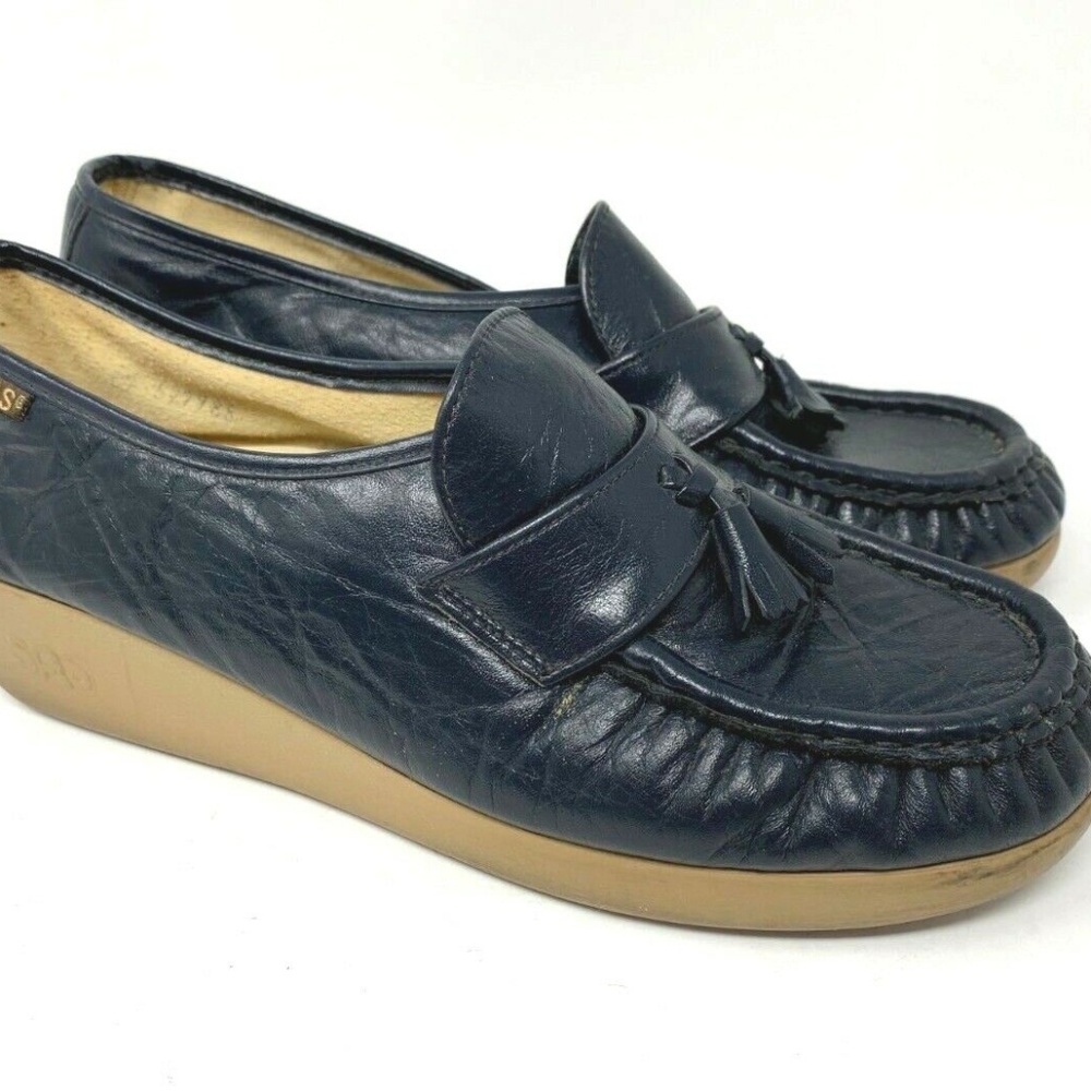 SAS Siesta Navy Blue Womens Hand Sewn Wedge Penny
